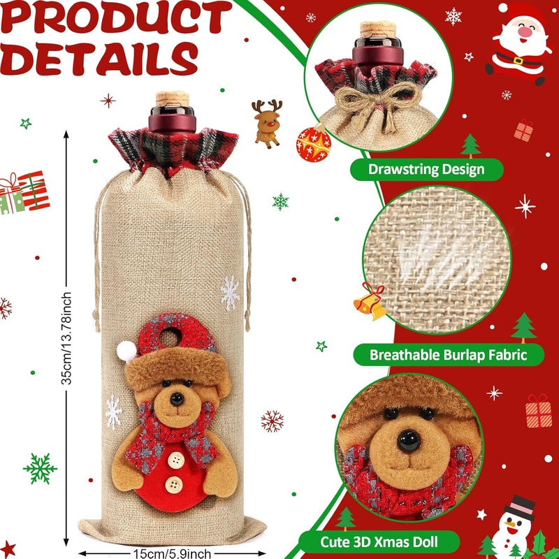 Aoonby 8Pcs Burlap Wine Bags, Drawstring Bottle Gift Bags with Santa, Snowman, Elk, Bear 3D Dolls, Reusable Christmas Wine Bottle Covers for Xmas Holiday Party Decoration - Image 2